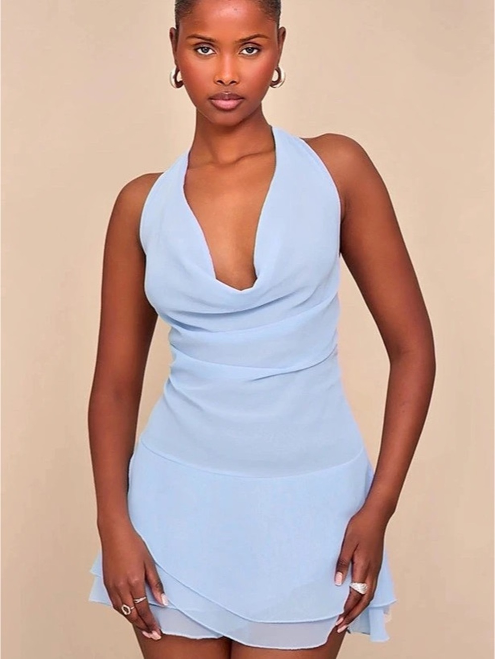 PrettyLittleThing Baby Blue Chiffon Cowl Neck Ruched Mini Dress size US 2